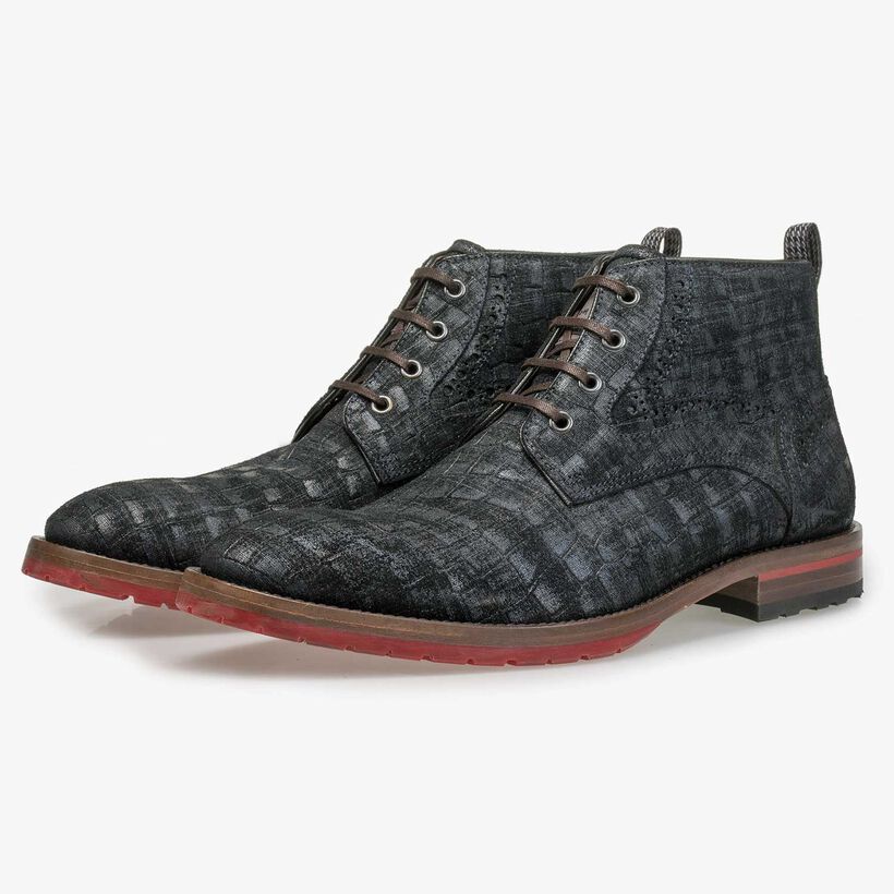 Blue suede leather lace boot with a check pattern
