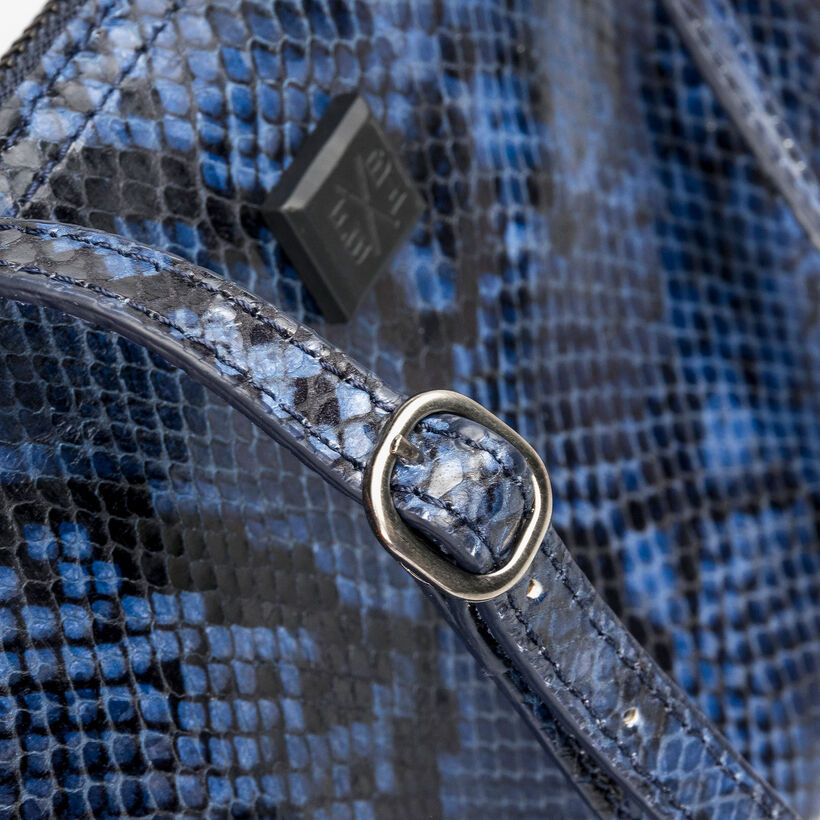 Blue leather cross body bag with snake print