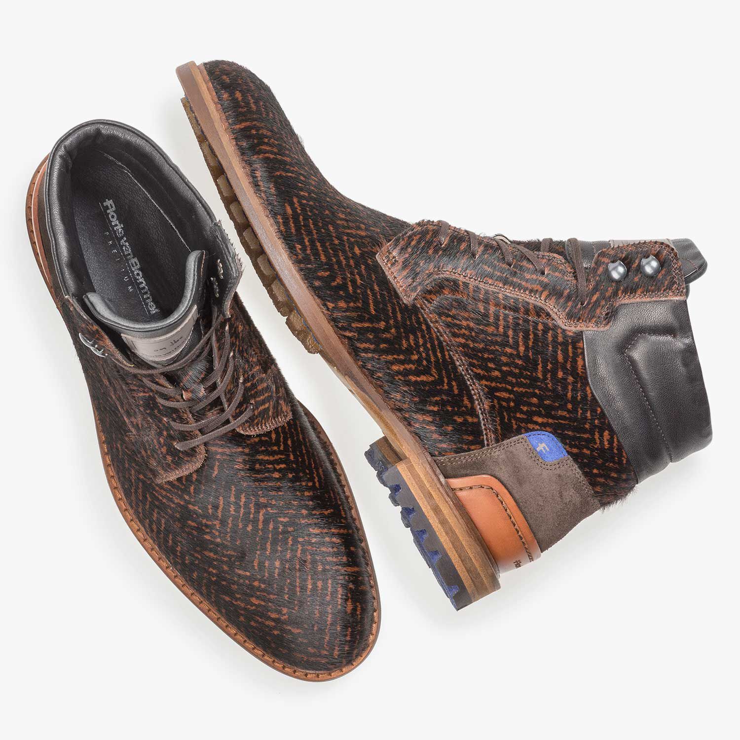 Premium cognac coloured pony hair lace boot 10641 01 Floris van Bommel Official