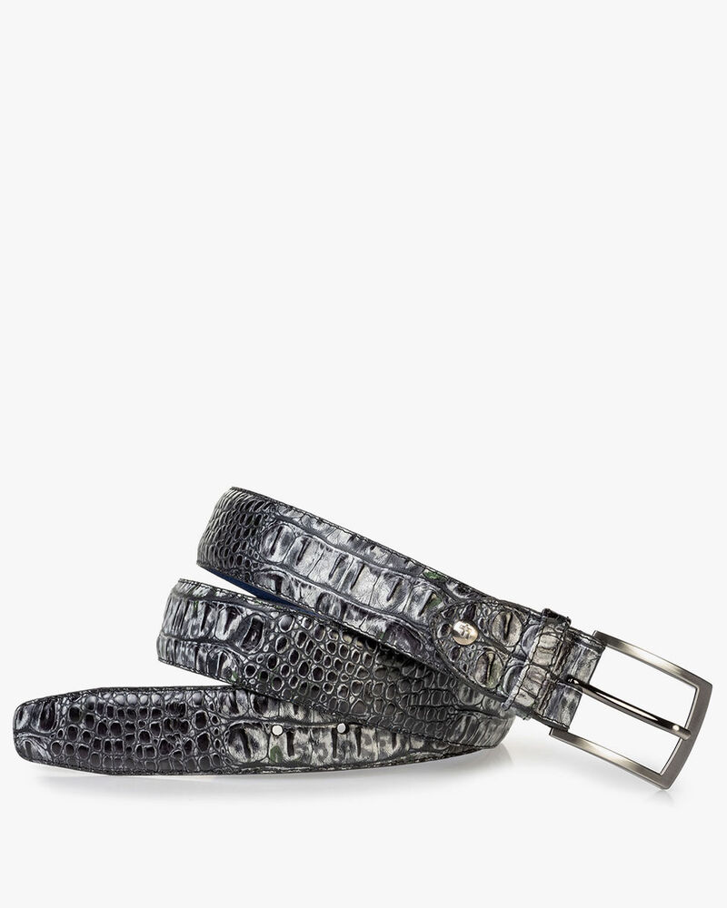 Leather belt croco print grey