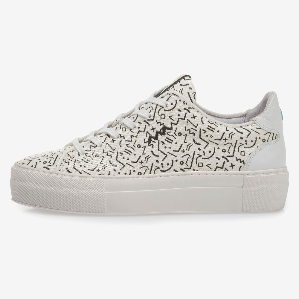 White leather sneaker with black print