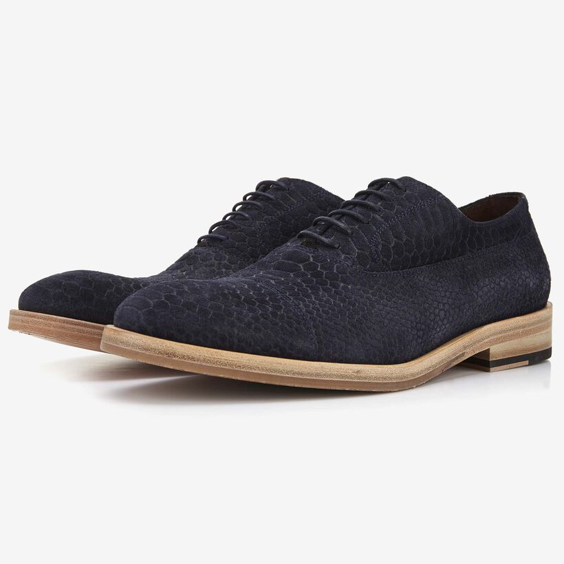 Floris van Bommel men's lace-up shoe in dark blue snake PrintSuede