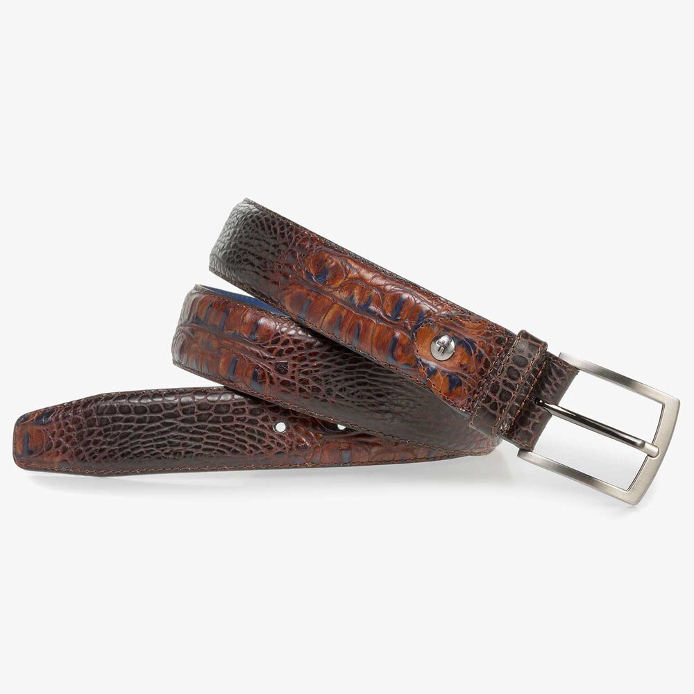 Cognac-coloured leather belt with croco print
