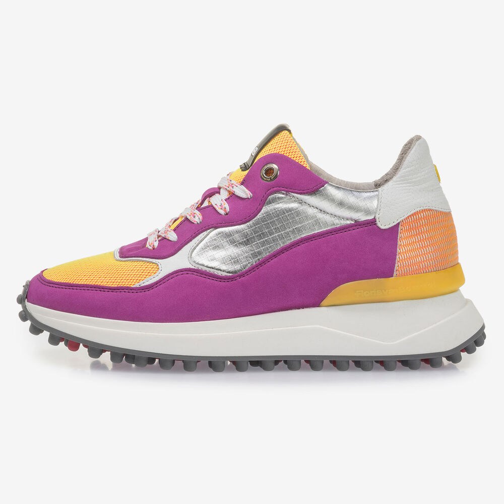 Violet nubuck leather sneaker with yellow details
