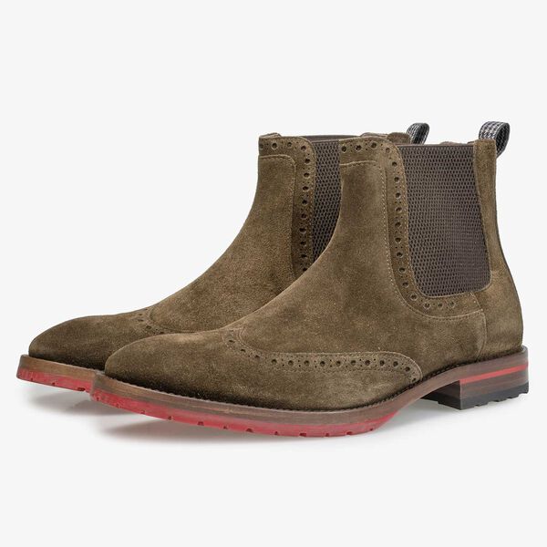 Brown/olive green calf suede leather Chelsea boot