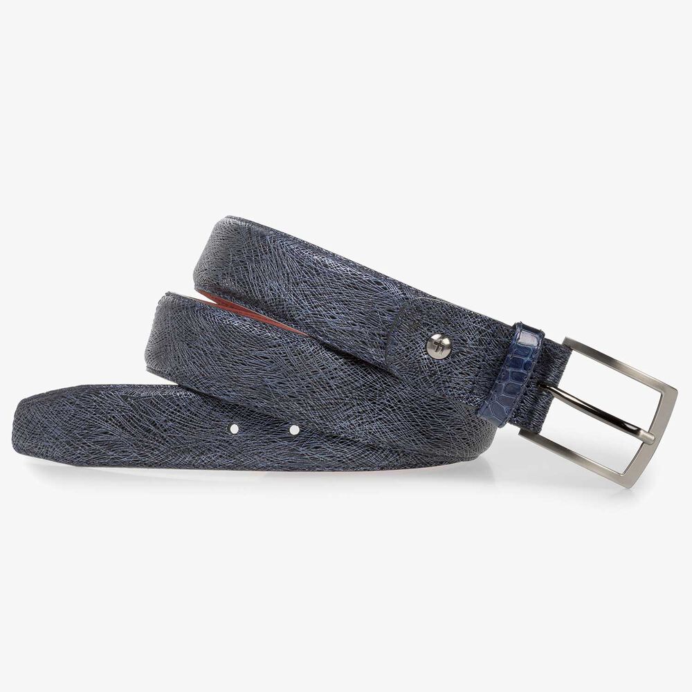 Blue leather belt with metallic print