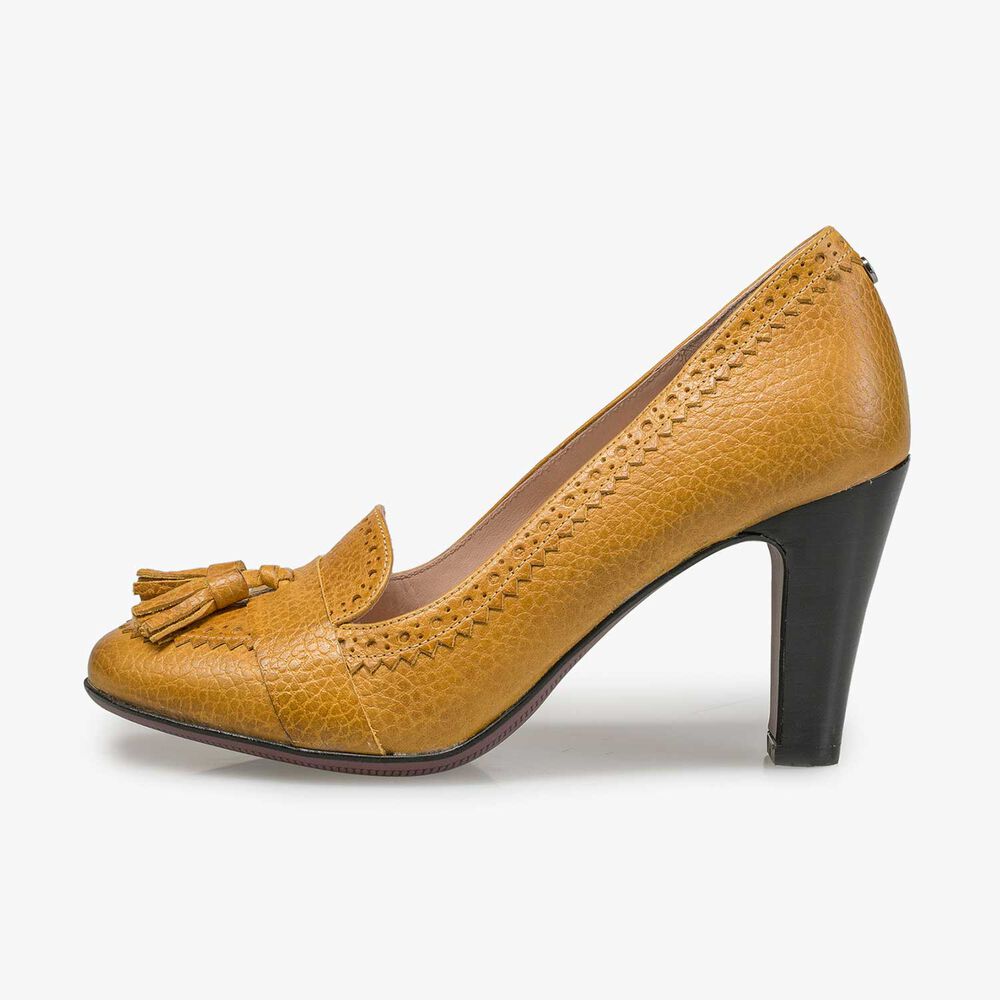 Mustard yellow calf leather tassel high heels