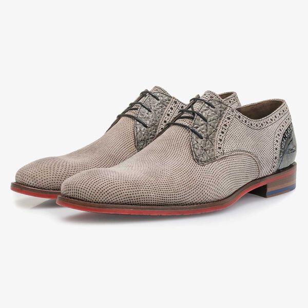 Taupe-coloured printed suede leather lace shoe