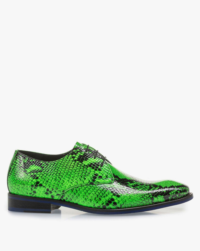 Premium fluorescent green leather lace shoe with snake print