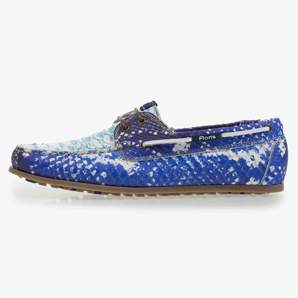 Blue leather boat shoe with snake print