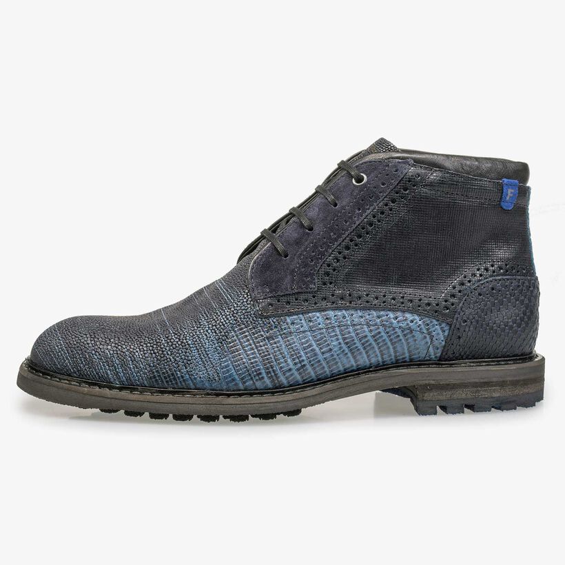 Blue leather lace boot with structural pattern