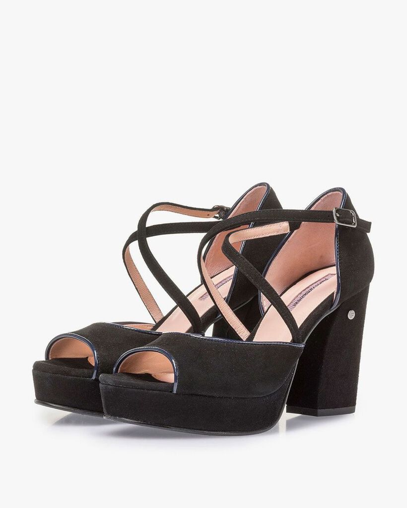 Black high-heeled suede leather sandals