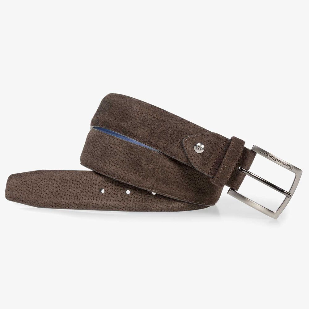 Dark brown suede leather belt with print