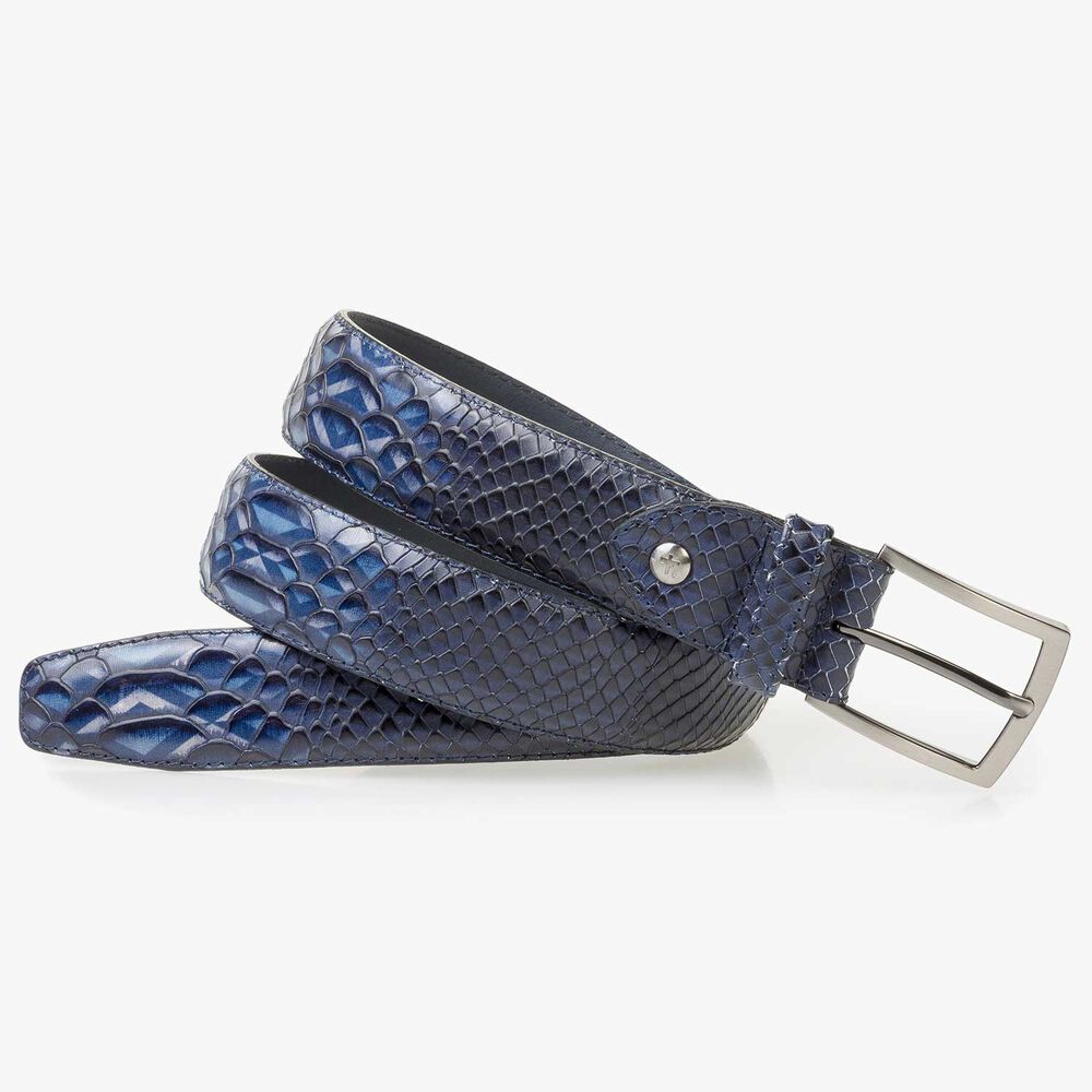 Blue calf leather belt with a snake print