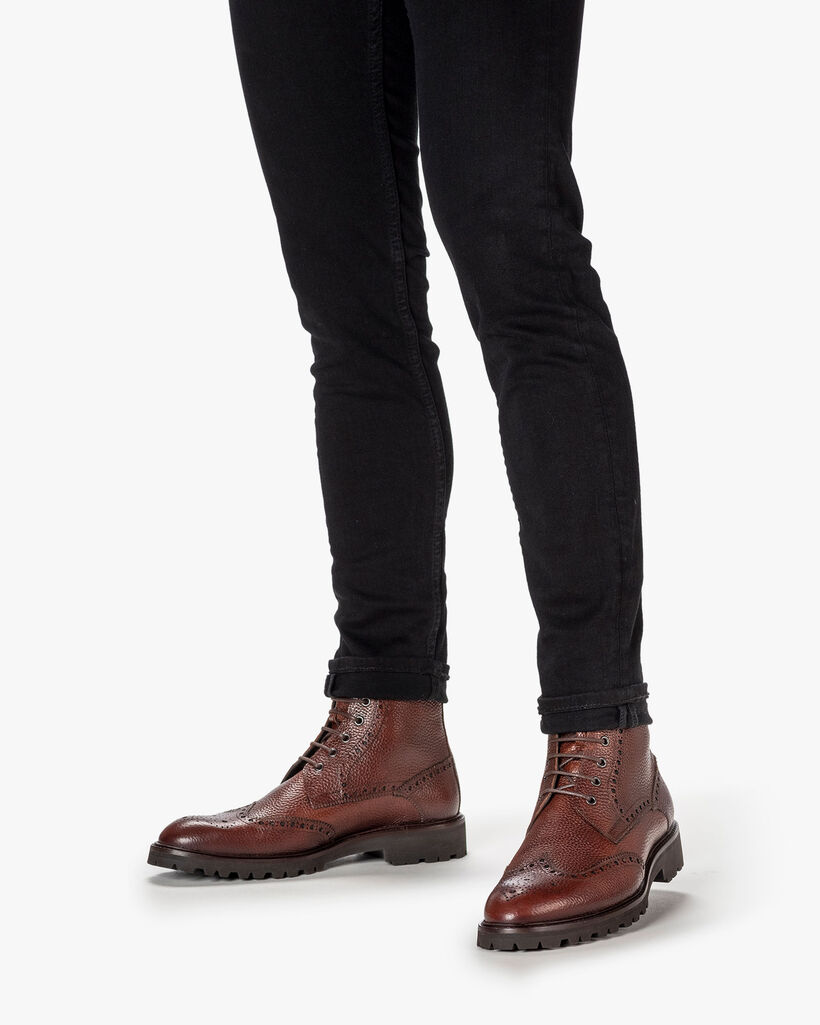 Lace boot printed leather cognac