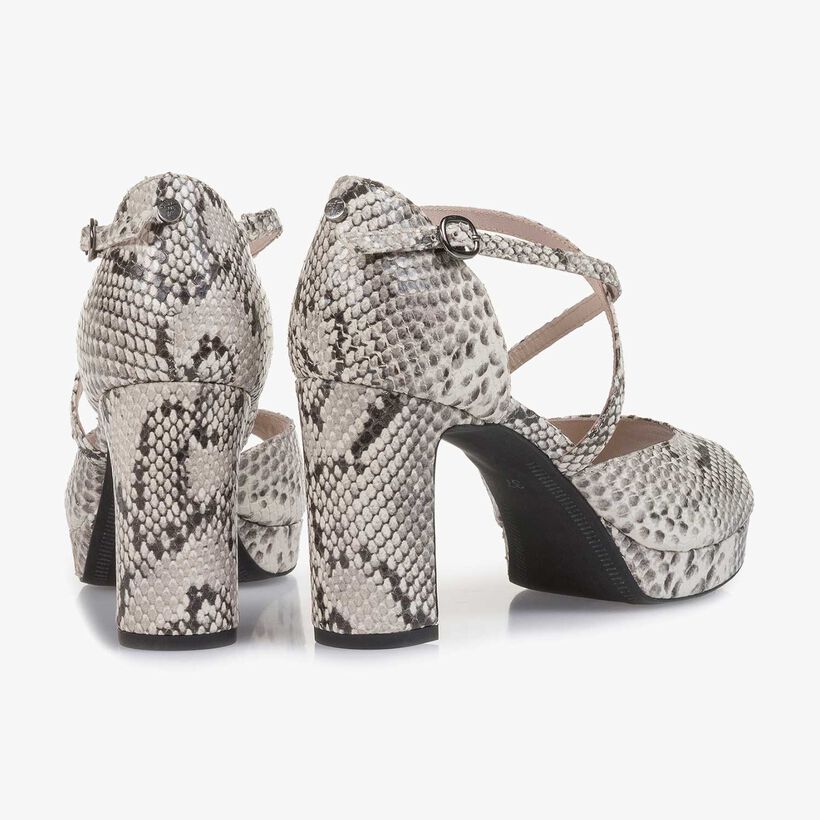 White snake print high-heeled leather sandal