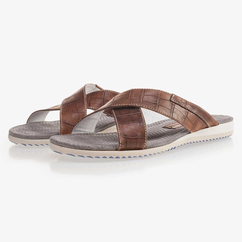 Cognac-coloured leather slipper with cross straps and croco print