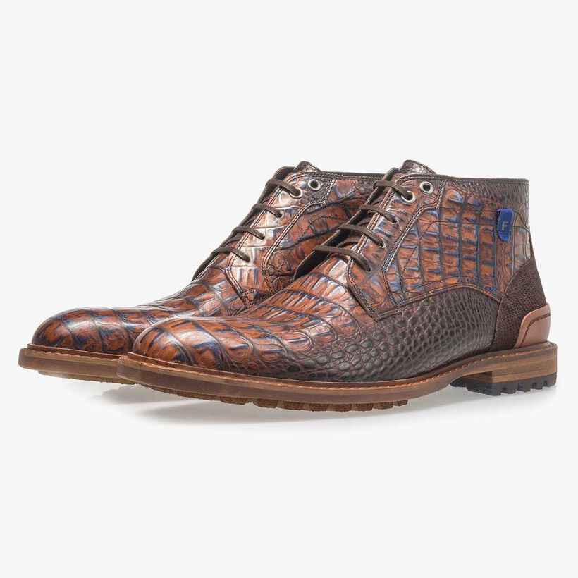 Cognac-coloured leather lace boot with croco print