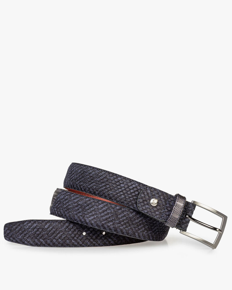 Suede leather belt blue with black print