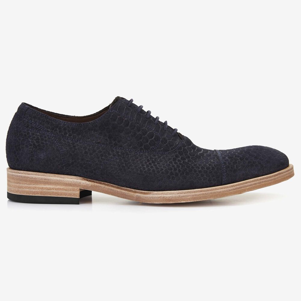 Floris van Bommel men's lace-up shoe in dark blue snake PrintSuede