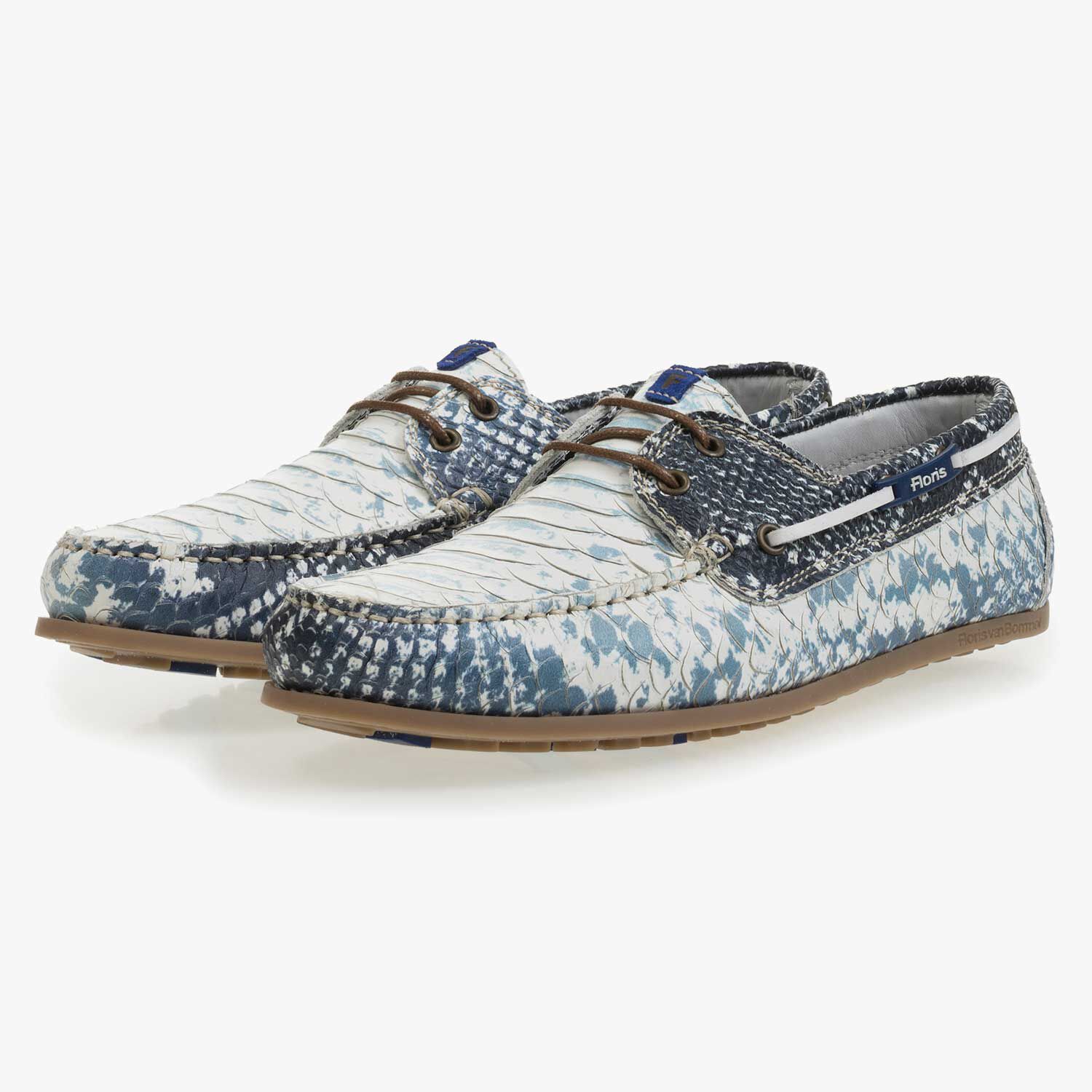 Dark blue leather boat shoe with snake print Floris van Bommel