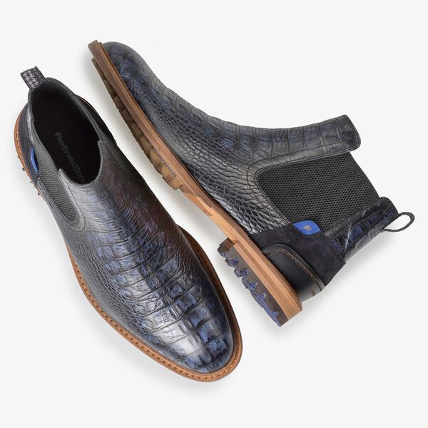 Blue leather Chelsea boot with croco print