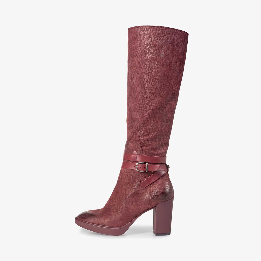 Burgundy red nubuck leather high boots with a print