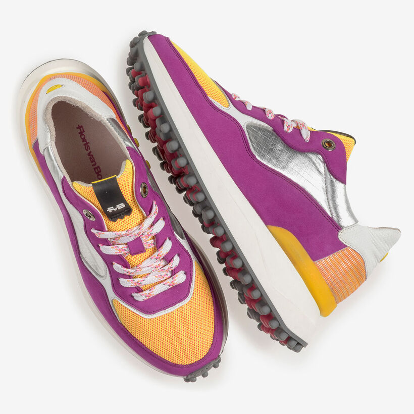 Violet nubuck leather sneaker with yellow details