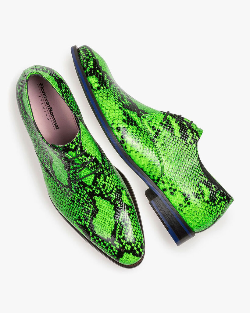 Premium fluorescent green leather lace shoe with snake print