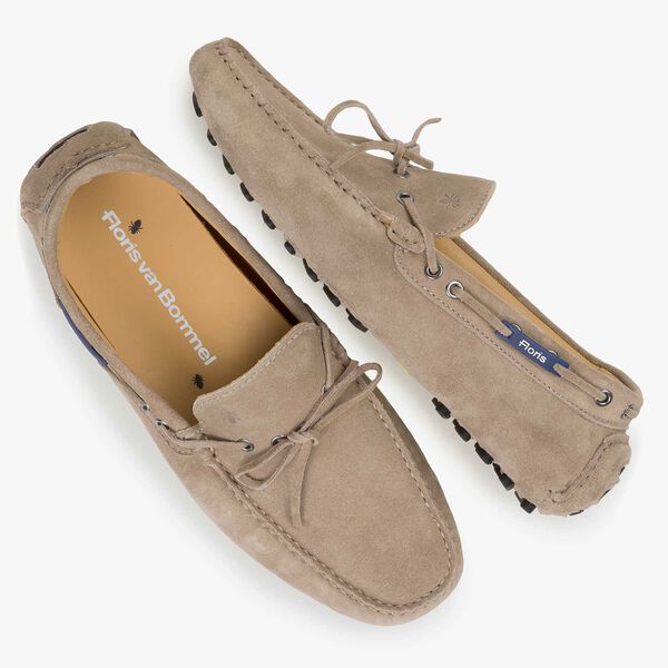 Taupe-coloured calf suede leather moccasin