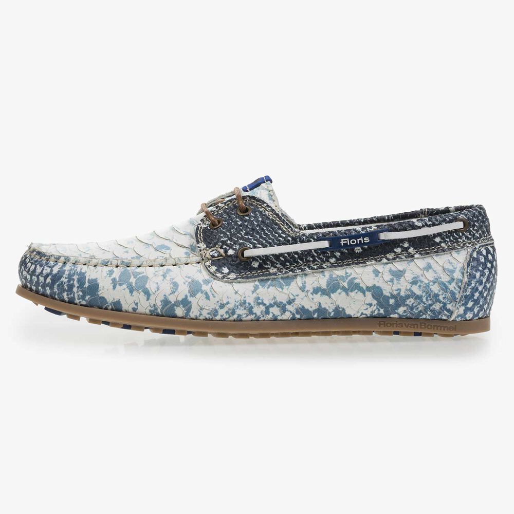 Dark blue leather boat shoe with snake print