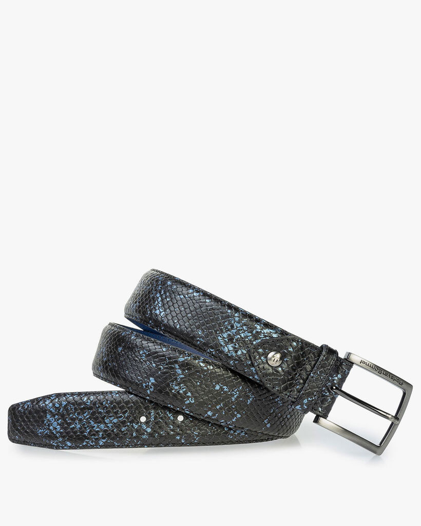 Leather belt with metallic print blue