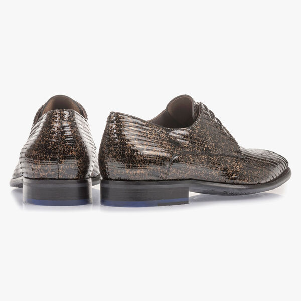 Brown patent leather lace shoe with metallic print