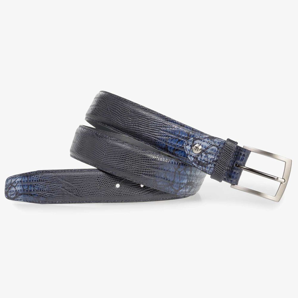 Blue leather belt with lizard print