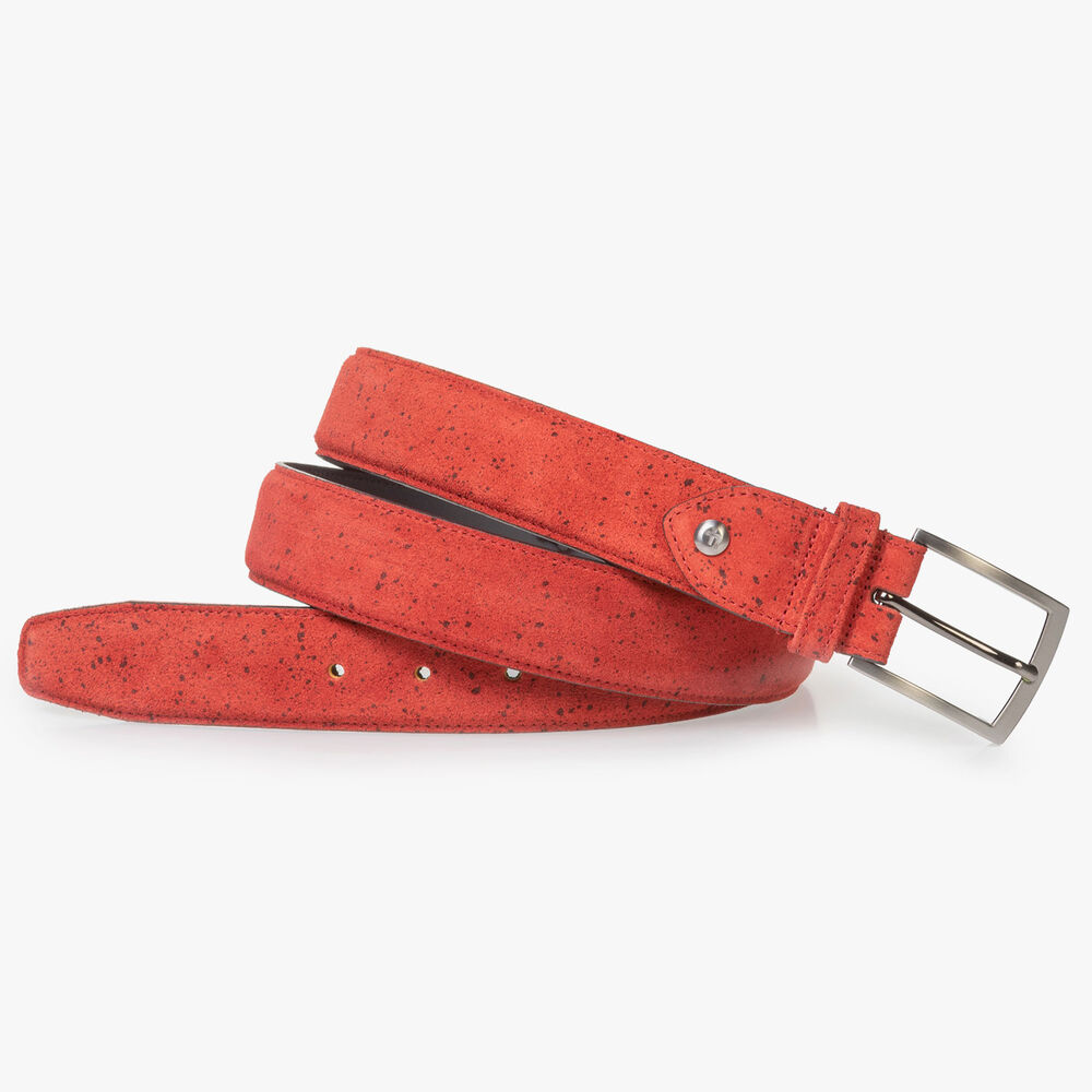 Red suede leather belt with black print