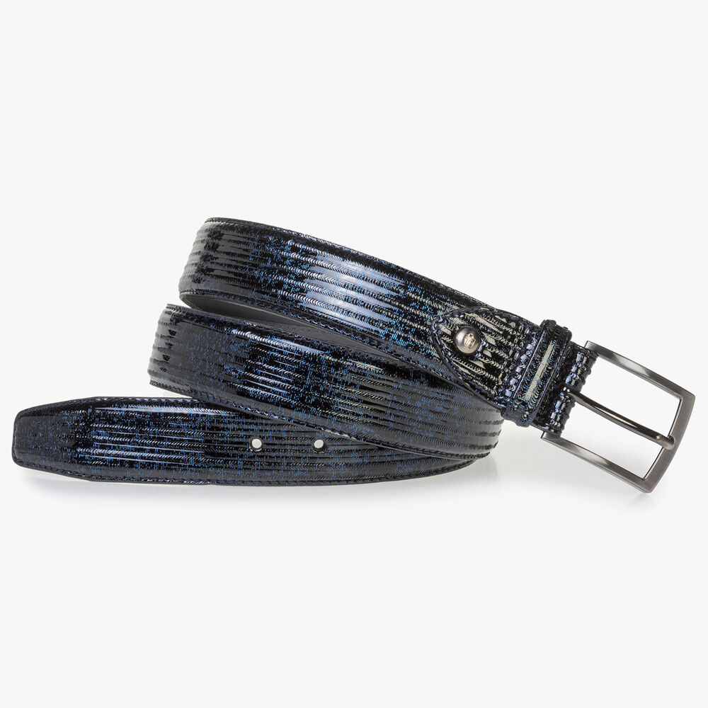 Blue patent leather belt with print