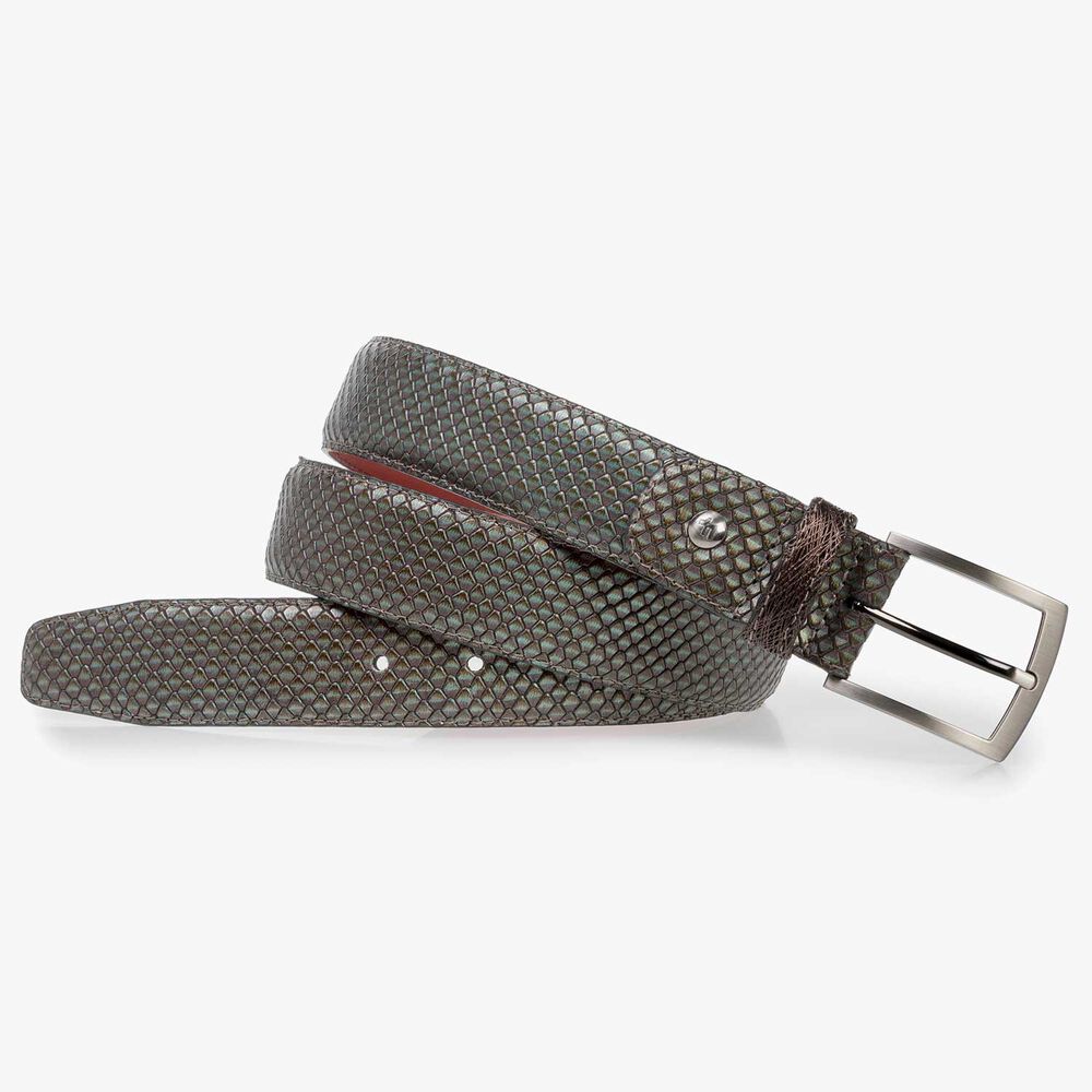 Premium dark brown calf leather belt with metallic print