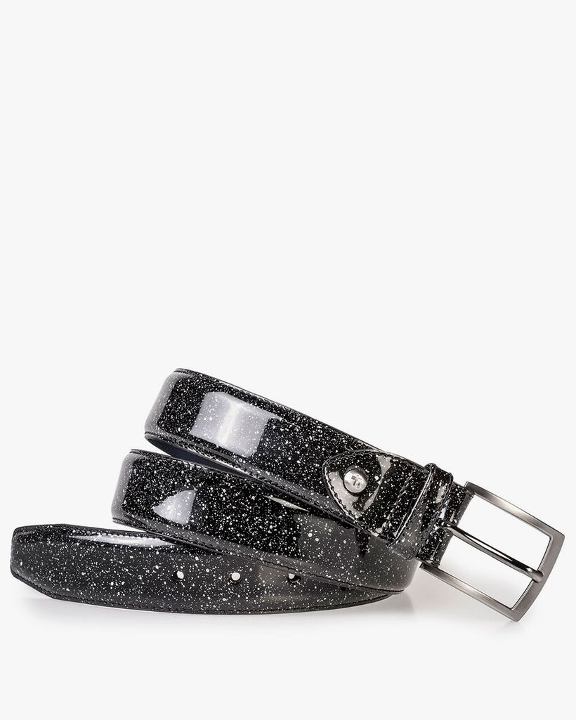 Black patent leather belt with a print