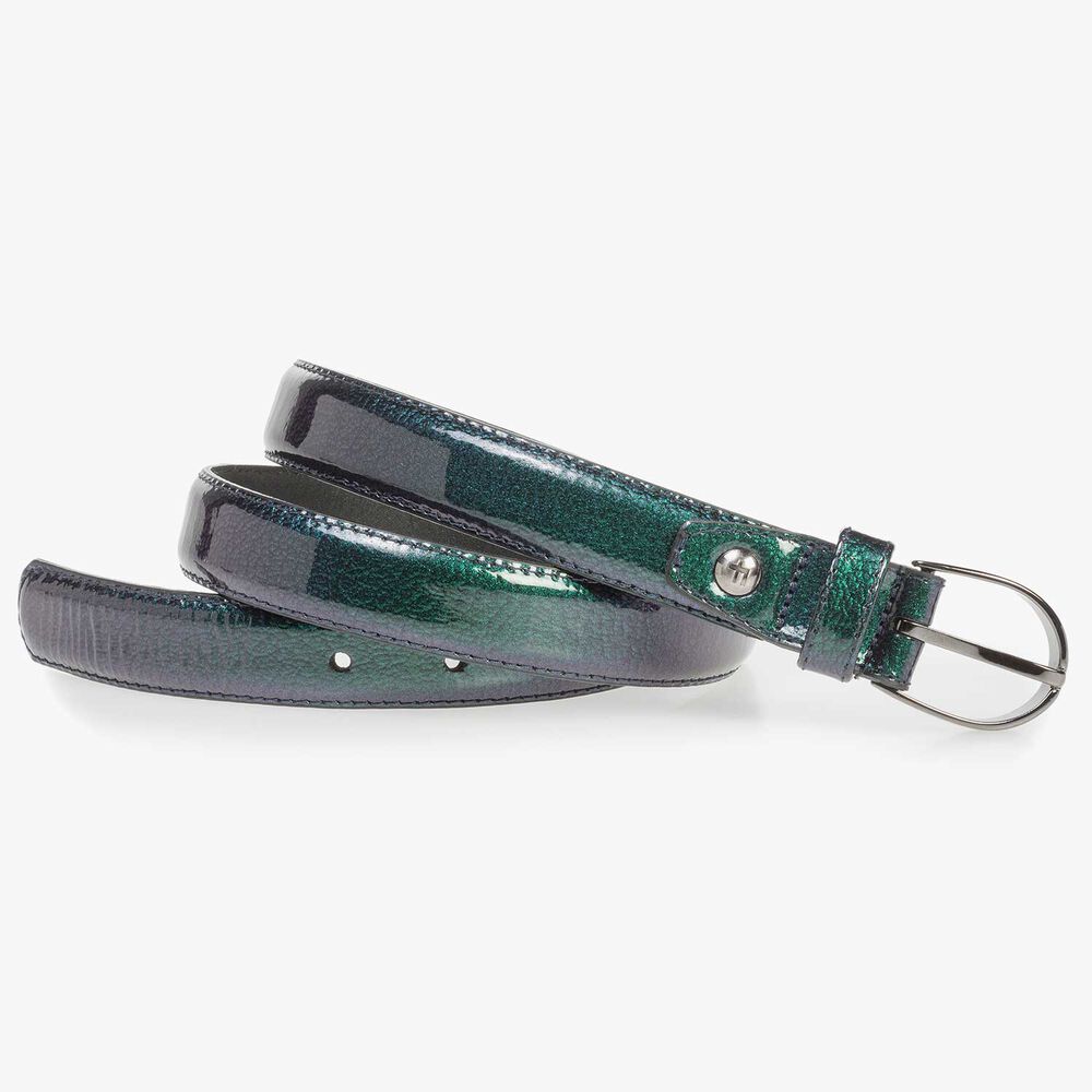 Green and blue leather belt with metallic print
