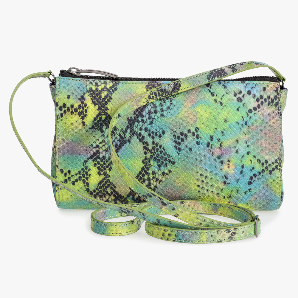 Green leather cross body bag with snake print