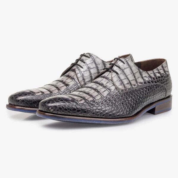 Grey croco print calf leather lace shoe