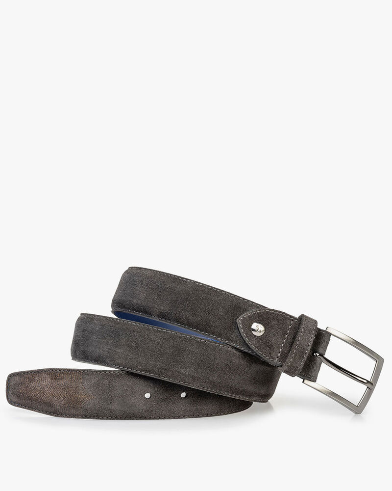Suede leather belt with laser-cut print grey