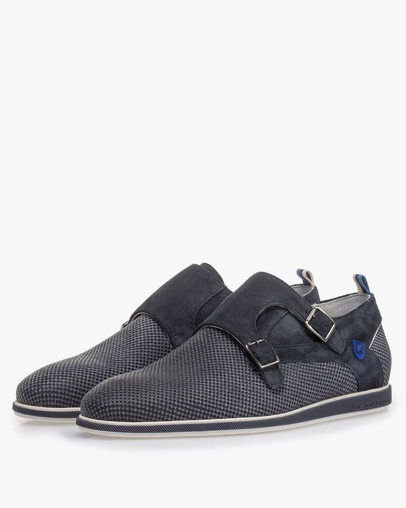 Dark blue suede leather monk strap with print