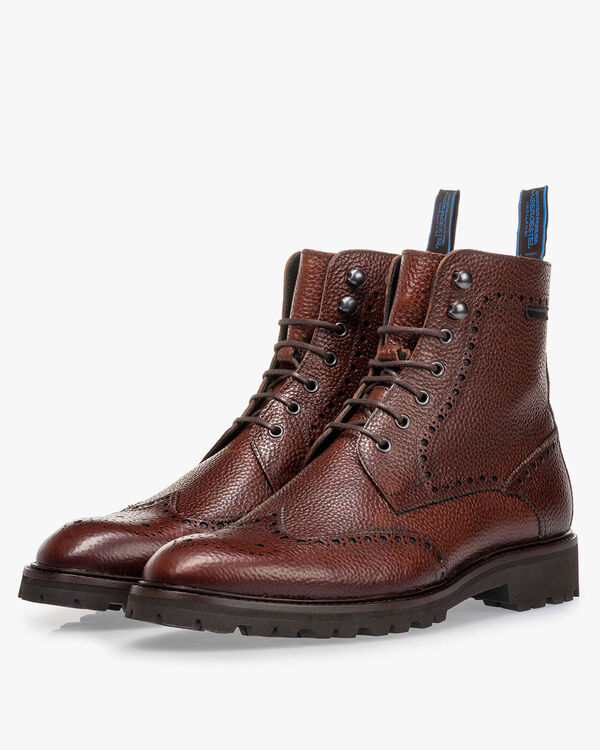 Lace boot printed leather cognac