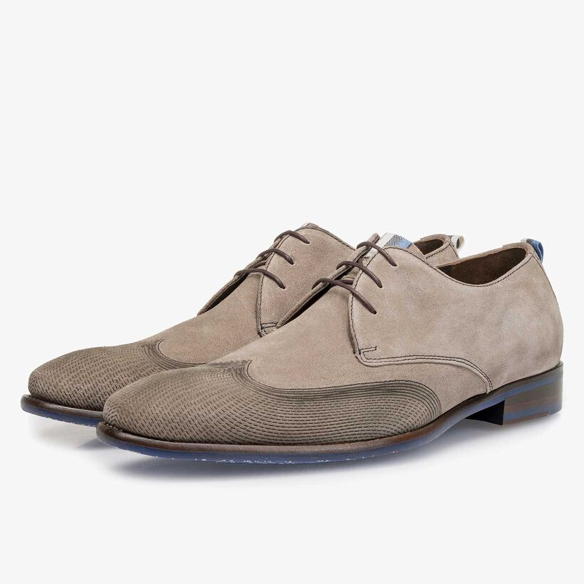 Taupe-coloured calf suede leather lace shoe with a laser-cut pattern