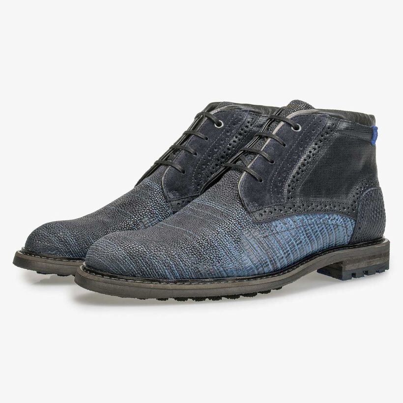 Blue leather lace boot with structural pattern