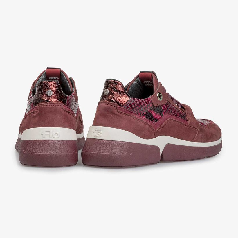Burgundy red suede leather sneaker with snake print