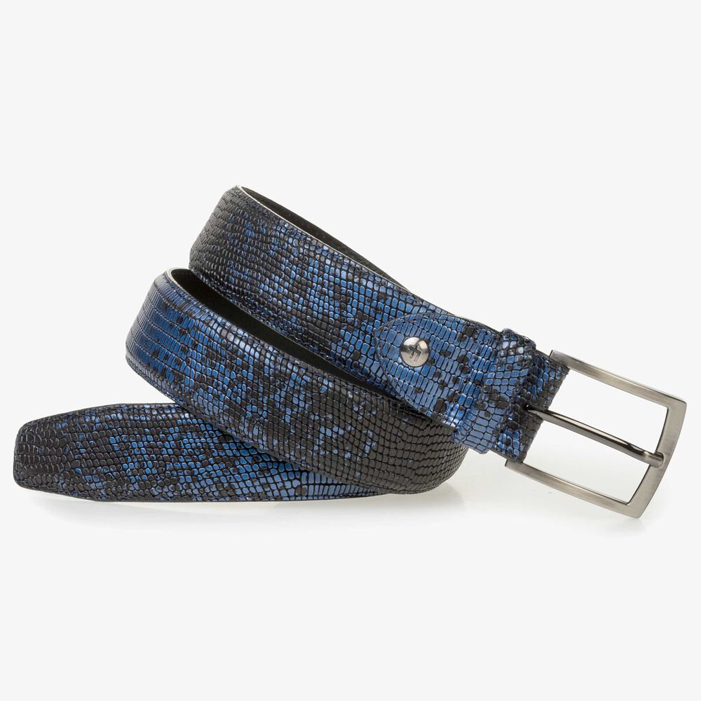 Black calf leather belt with a blue metallic print