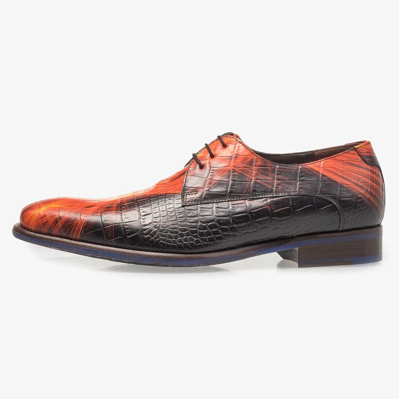 Premium red calf leather lace shoe with lightning bolt print