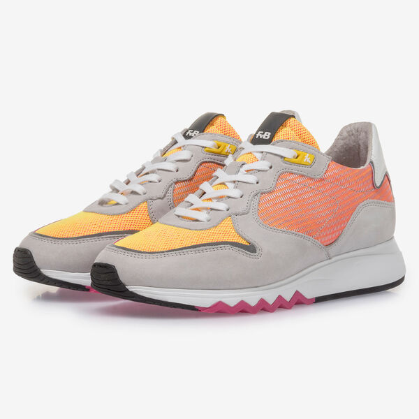 Grey leather sneaker with orange and yellow details
